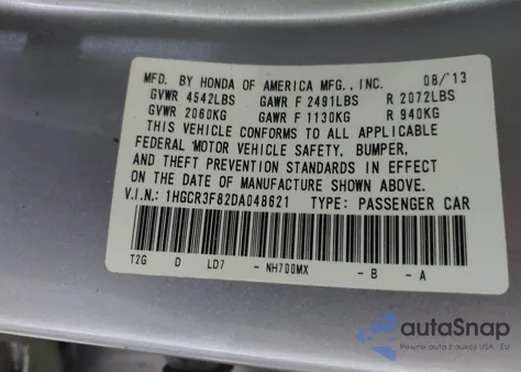 2013 Honda Accord Ex-L V-6 z USA, uszkodzony, nr VIN 1HGCR3F82DA048621